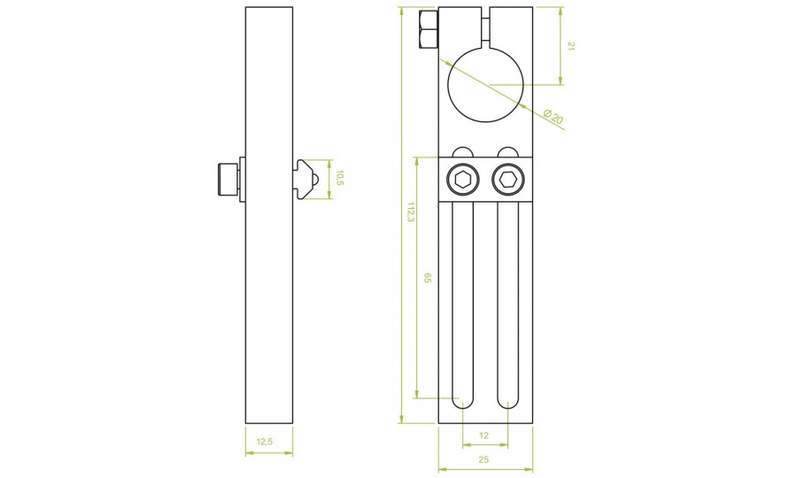 Adjustable Angle Clamp, 20mm Clamp Diameter, 65mm Adjustable Length